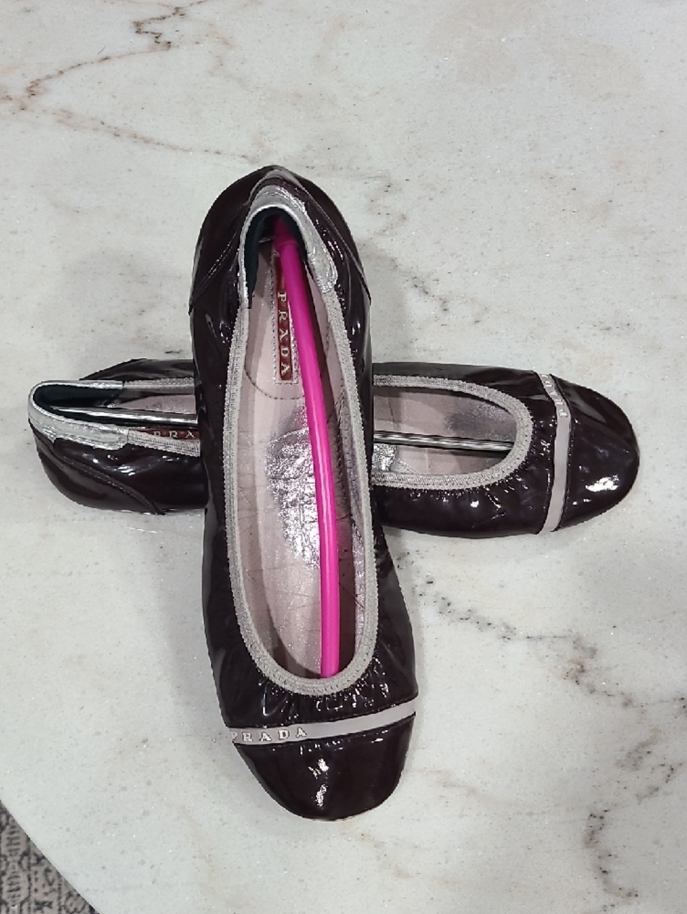 Prada Plum Patent Leather Ballet Flats with Silver Accents - Picture 2 of 9